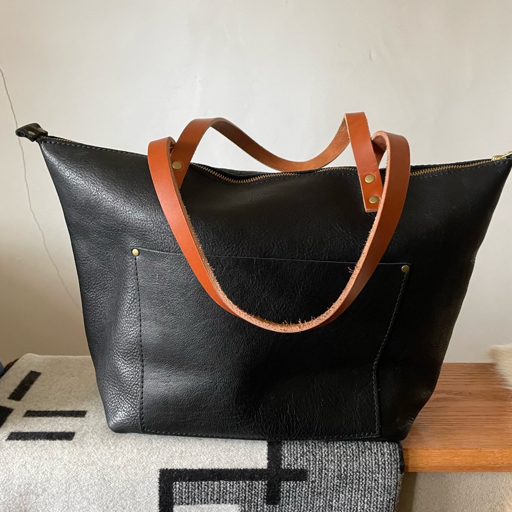Portland Leather Goods large black tote, tan handles. Zipper